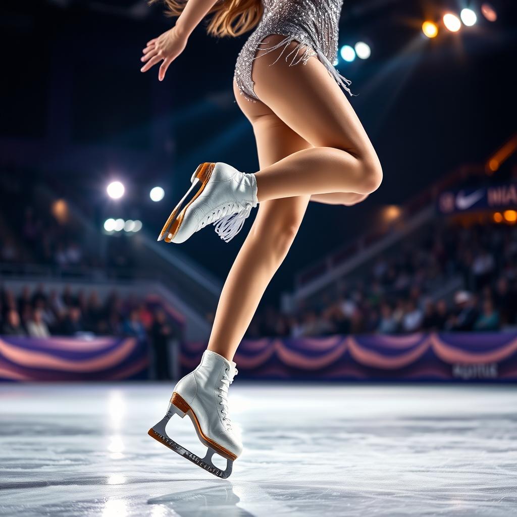 A woman skating on ice with ice skates during a nighttime competition