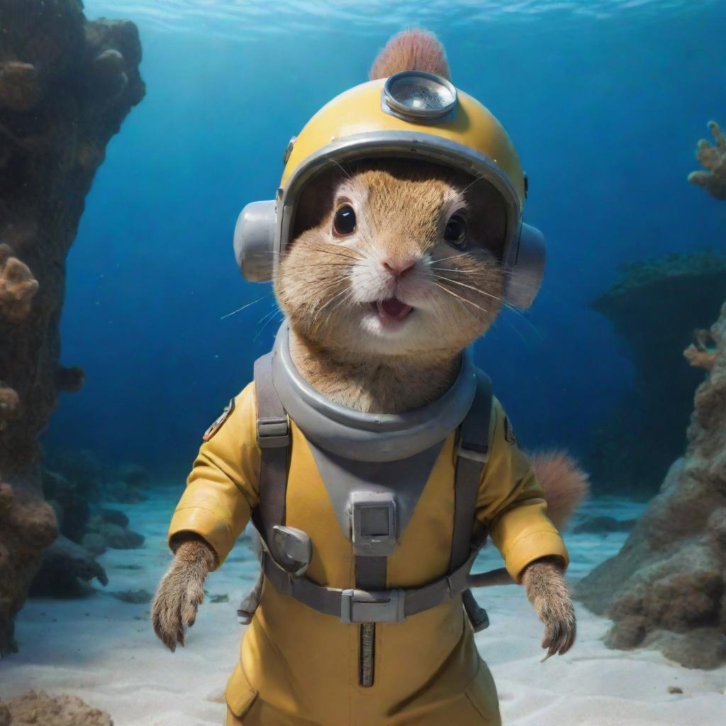 Sandy Cheeks from SpongeBob SquarePants, a talented squirrel in a diving suit, with a helmet showing her eager face, in her treedome under the ocean