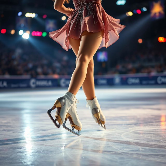 A woman skating on ice with ice skates during a nighttime competition