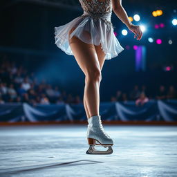 A woman skating on ice with ice skates during a nighttime competition