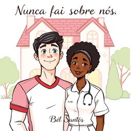 A hand-drawn illustration style that is not realistic, featuring an interracial couple at the center