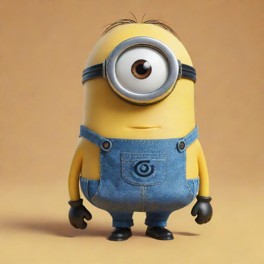 A mischievous Minion from Despicable Me, a small, yellow, cylindrical creature with one round eye, blue overalls, and a gleeful grin