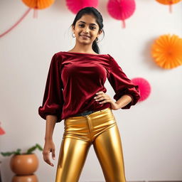 A stylish full-body shot of a young Indian teen wearing tight golden leggings paired with a fitted velvet blouse that accentuates her silhouette