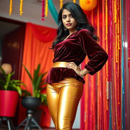 A stylish full-body shot of a young Indian teen wearing tight golden leggings paired with a fitted velvet blouse that accentuates her silhouette