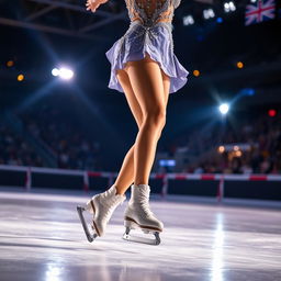 A woman skating on ice with ice skates during a nighttime competition