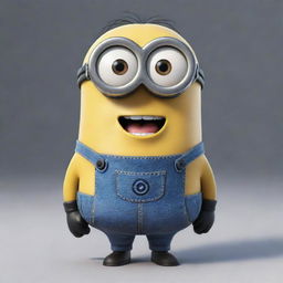 A mischievous Minion from Despicable Me, a small, yellow, cylindrical creature with one round eye, blue overalls, and a gleeful grin