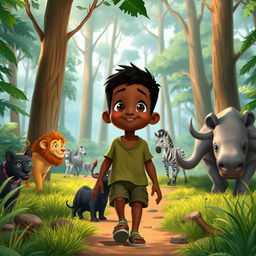 An animation scene depicting Kofi, a curious young black boy living in an African village, walking along a forest trail