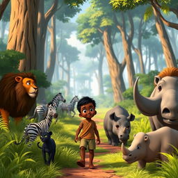 An animation scene depicting Kofi, a curious young black boy living in an African village, walking along a forest trail