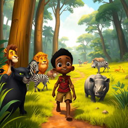 An animation scene depicting Kofi, a curious young black boy living in an African village, walking along a forest trail