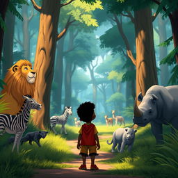 An animation scene depicting Kofi, a curious young black boy living in an African village, walking along a forest trail