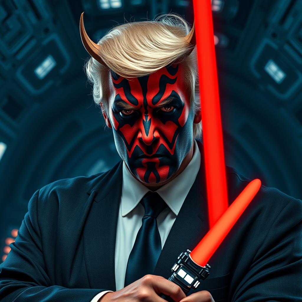 A striking and imaginative portrait of Donald Trump reimagined as Darth Maul, featuring the iconic red and black facial markings of the Sith Lord