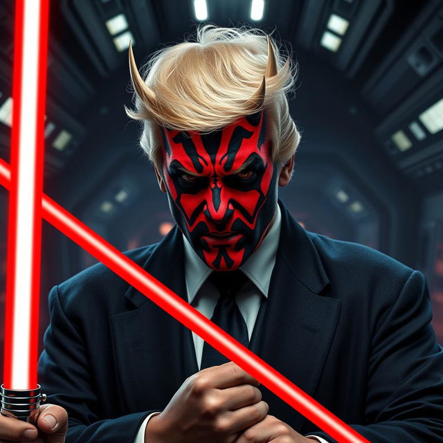 A striking and imaginative portrait of Donald Trump reimagined as Darth Maul, featuring the iconic red and black facial markings of the Sith Lord