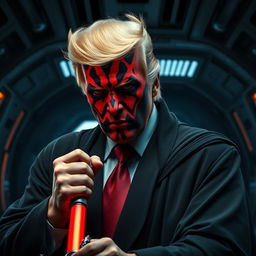 A striking and imaginative portrait of Donald Trump reimagined as Darth Maul, featuring the iconic red and black facial markings of the Sith Lord