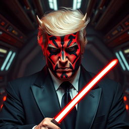 A striking and imaginative portrait of Donald Trump reimagined as Darth Maul, featuring the iconic red and black facial markings of the Sith Lord