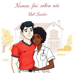 A hand-drawn illustration capturing a romantic scene featuring an interracial couple in the center