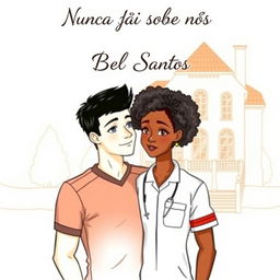 A hand-drawn illustration capturing a romantic scene featuring an interracial couple in the center