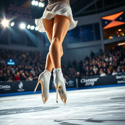 A dynamic scene featuring a woman's legs gracefully skating on ice during a nighttime competition