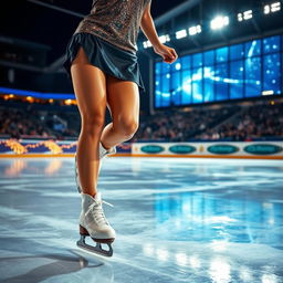 A dynamic scene featuring a woman's legs gracefully skating on ice during a nighttime competition