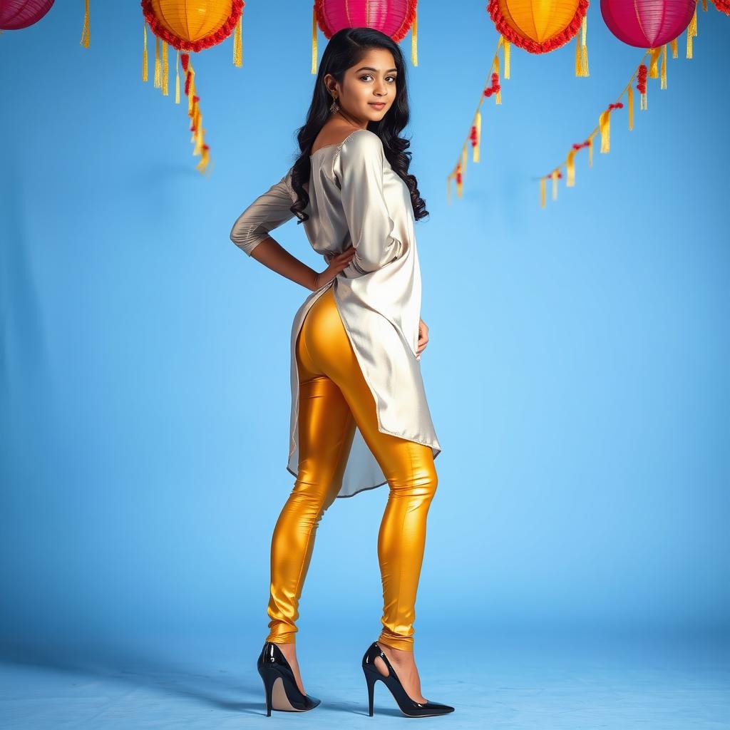 A stylish full-body shot of a young Indian teen wearing tight golden leggings and a silver satin kurta