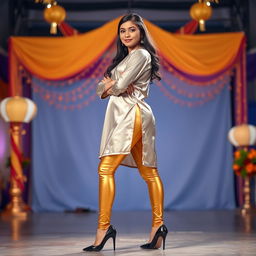 A stylish full-body shot of a young Indian teen wearing tight golden leggings and a silver satin kurta