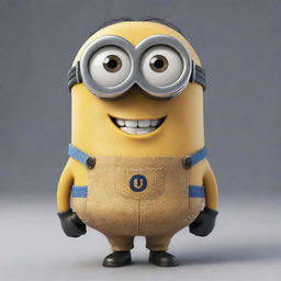 A mischievous Minion from Despicable Me, a small, yellow, cylindrical creature with one round eye, blue overalls, and a gleeful grin