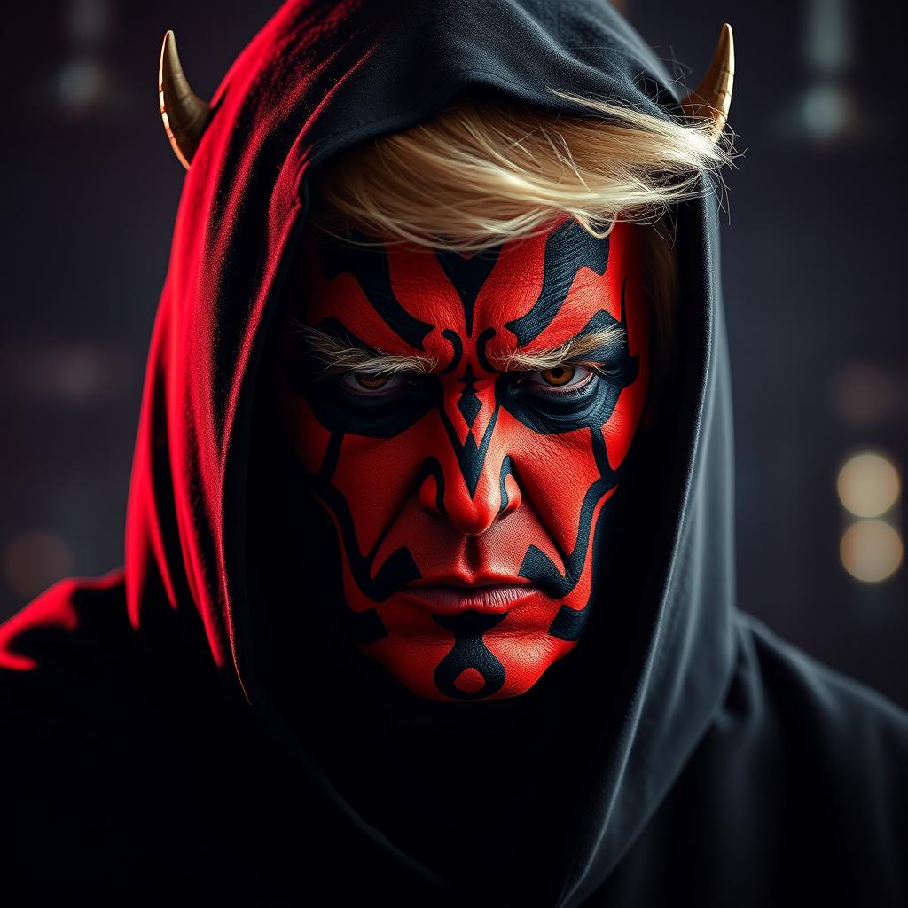 A dramatic and intense headshot of Donald Trump reimagined as Darth Maul, featuring the Sith Lord's iconic red and black facial markings