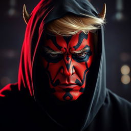 A dramatic and intense headshot of Donald Trump reimagined as Darth Maul, featuring the Sith Lord's iconic red and black facial markings