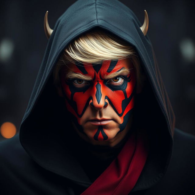 A dramatic and intense headshot of Donald Trump reimagined as Darth Maul, featuring the Sith Lord's iconic red and black facial markings