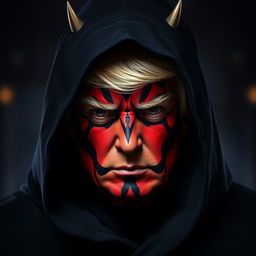 A dramatic and intense headshot of Donald Trump reimagined as Darth Maul, featuring the Sith Lord's iconic red and black facial markings