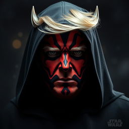 A dramatic and intense headshot of Donald Trump reimagined as Darth Maul, featuring the Sith Lord's iconic red and black facial markings