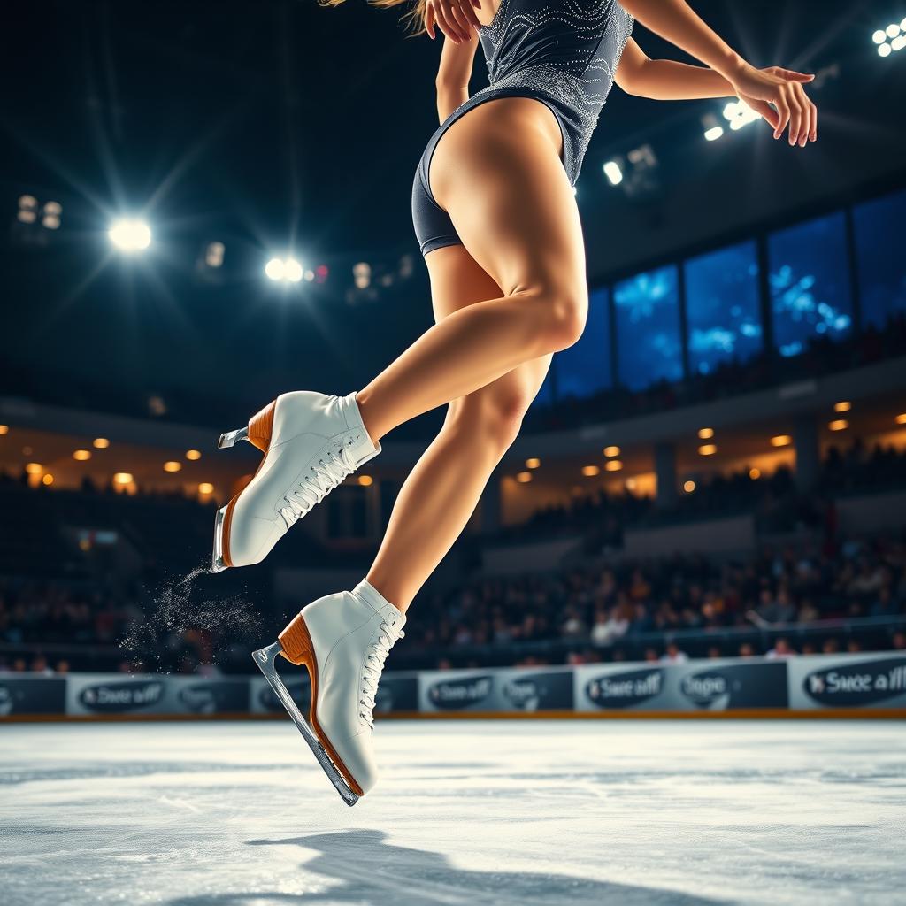 A dynamic scene showcasing a woman's legs elegantly skating on ice during a nighttime competition