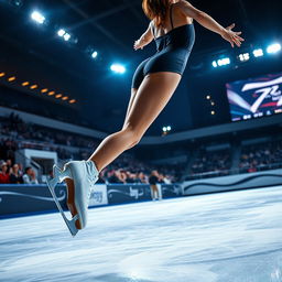 A dynamic scene showcasing a woman's legs elegantly skating on ice during a nighttime competition