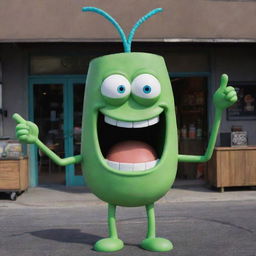 Plankton from SpongeBob SquarePants, a small, green, one-eyed character with a sinister smile, standing in front of his restaurant, The Chum Bucket