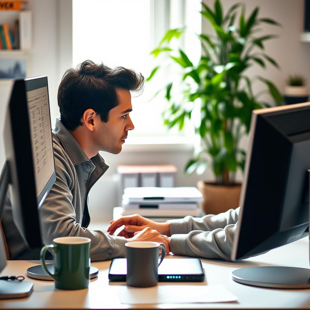 A person focused on working at a desk, engaging in data entry on a computer with a modern setup