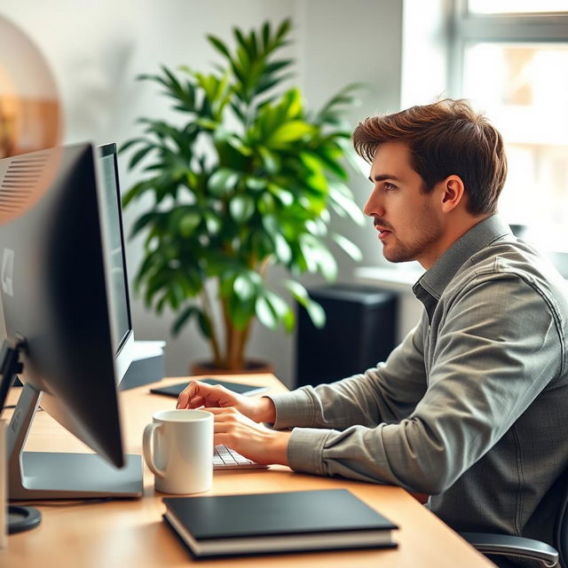 A person focused on working at a desk, engaging in data entry on a computer with a modern setup