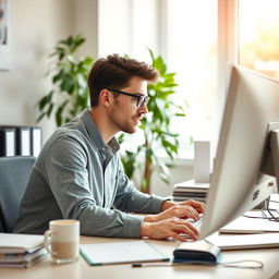 A person focused on working at a desk, engaging in data entry on a computer with a modern setup