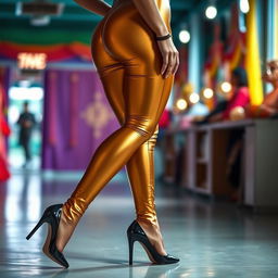 A stylish and artistic depiction of a young Indian woman wearing tight golden leggings and pointed black heels, posed confidently in a way that showcases her figure, including thick thighs