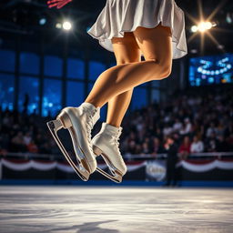 An exhilarating shot of a woman's legs executing elegant ice skating moves during a nighttime competition