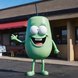 Plankton from SpongeBob SquarePants, a small, green, one-eyed character with a sinister smile, standing in front of his restaurant, The Chum Bucket