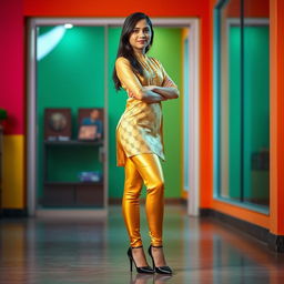 A fashionable full-body shot of a young Indian teen wearing tight golden leggings and a coordinating kurta that highlights her figure