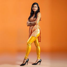 A fashionable full-body shot of a young Indian teen wearing tight golden leggings and a coordinating kurta that highlights her figure