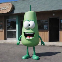 Plankton from SpongeBob SquarePants, a small, green, one-eyed character with a sinister smile, standing in front of his restaurant, The Chum Bucket