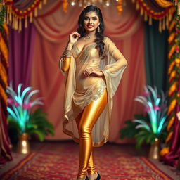 A stylish full-body portrait of a young Indian woman dressed in tight golden leggings paired with a transparent kurta that adds an element of elegance and allure