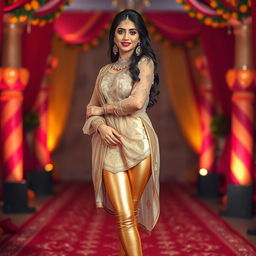 A stylish full-body portrait of a young Indian woman dressed in tight golden leggings paired with a transparent kurta that adds an element of elegance and allure