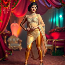 A stylish full-body portrait of a young Indian woman dressed in tight golden leggings paired with a transparent kurta that adds an element of elegance and allure