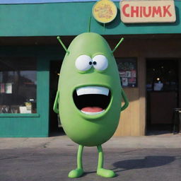 Plankton from SpongeBob SquarePants, a small, green, one-eyed character with a sinister smile, standing in front of his restaurant, The Chum Bucket