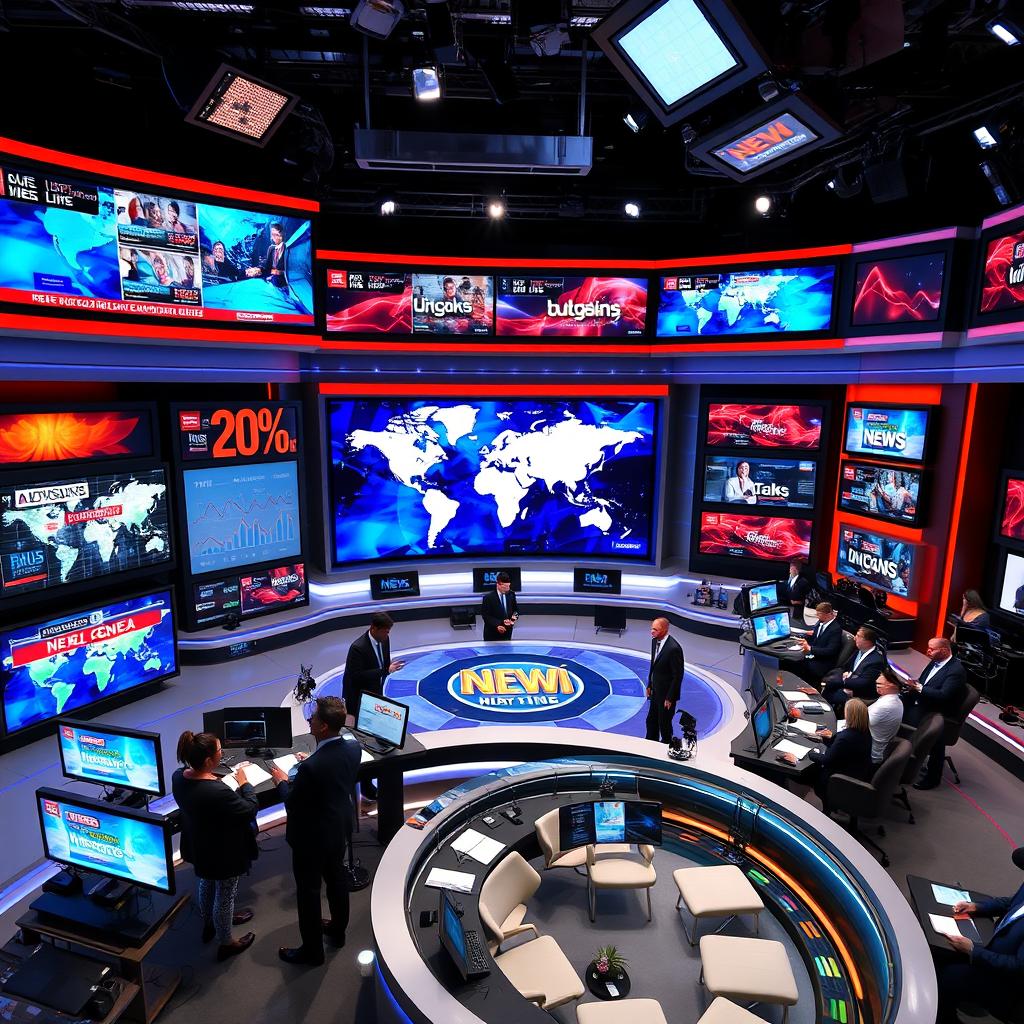 A vibrant news studio with multiple screens displaying various news headlines and graphics