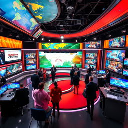 A vibrant news studio with multiple screens displaying various news headlines and graphics