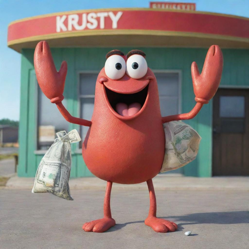 Mr. Krabs from SpongeBob SquarePants, a crafty red crab with a wide grin, holding a bag of money, standing in front of his successful restaurant, The Krusty Krab