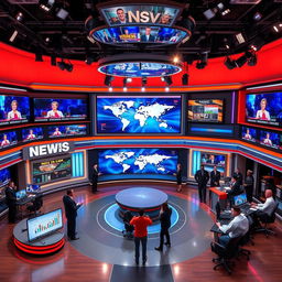 A vibrant news studio with multiple screens displaying various news headlines and graphics